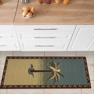 Image of Ottomanson Sara&#039;s Kitchen Tropical Palm Tree Design Bathroom Mat Runner Rug with Rubber Backing, 50 cm x 150 cm, Beige/Teal