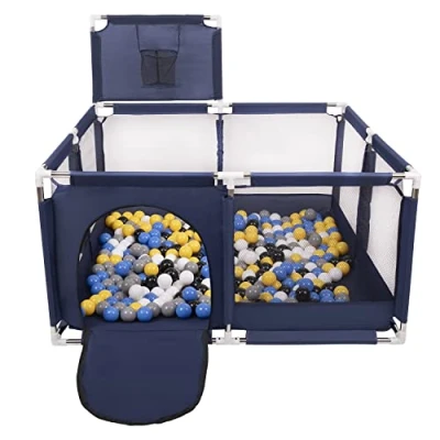 Image of Selonis Square Play Pen Filed with 200 Balls Basketball, Blue:Black/White/Grey/Blue/Yellow