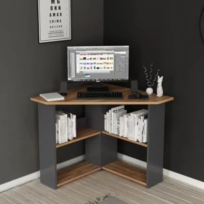 Image of Homidea Corner Modern Desk L Shape Computer with Shelves for Office and Home (Corner Walnut/Anthracite)