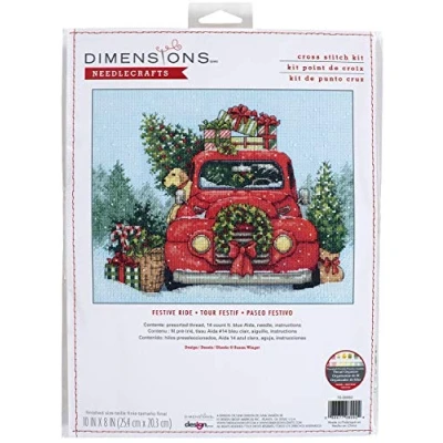 Image of Dimensions 70 08992 Festive Ride Embroidery Christmas Cross Stitch Kit, 10&quot; x 8&quot;, 14 Count Light Blue Aida, Various