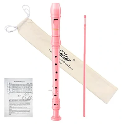 Image of Eastar Soprano Recorder Instrument for Kids Beginners, German Fingering C Key 3 Piece with Cleaning Kit, Thumb Rest, Cotton Bag, Chart, ERS 21GP, Pink, School Approved