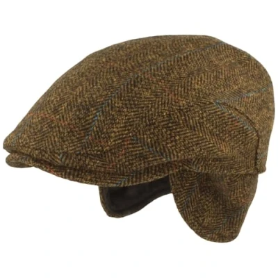 Image of Breiter Men&#039;s Winter Flat Cap with Ear Flaps, Cap, Peaked 100% Wool Fold Out Protection, Hat, Skin Friendly and Comfortable, Olive Herringbone Checked, 7 1/2