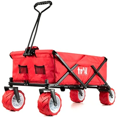 Image of Trail Beach Trolley Cart Folding Camping Festival Wagon With Pull Along Handle, All Terrain Wheels, Drink Pockets, 60KG Capacity (Red)