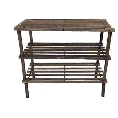 Image of HOMION Shoe Rack Slatted Wooden Footwear Storage Stand Organiser Pine Shelf Unit DVD Books Shoes (Grey, 3 Tier)