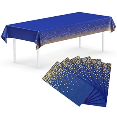 Image of Neatiffy 6 Pack Plastic Table Cloth Picnic/Party/Banquet, Disposable/Reusable Cover (Blue Gold Dot)