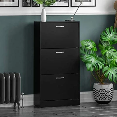 Image of Vida Designs 3 Drawer Shoe Cabinet Cupboard Storage Organiser Pull Down Wooden Furniture Unit (Black)