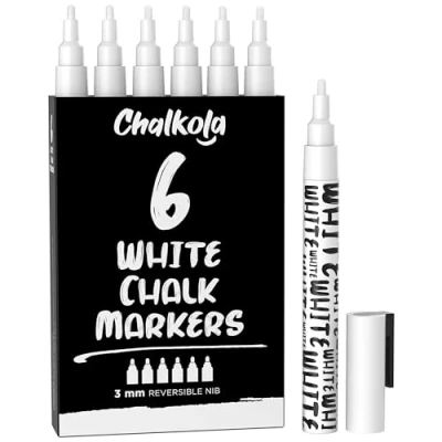 Image of Chalkola White Chalk Pens Dry Erase Liquid for Chalkboard, Blackboard, Window, Bistro, Car Glass, Board, Signs 3mm Reversible Bullet &amp; Chisel Point