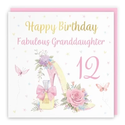 Image of Hunts England 12th Granddaughter High Heel And Perfume Birthday Card Luxury Gold Foil Milo&#039;s Gallery Age 12 Pretty For Twelve