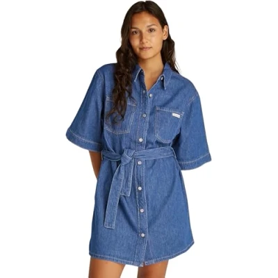 Image of Calvin Klein Women’s Linen Denim Boxy Belted Shirt Dress, Blue (Denim Medium), XS