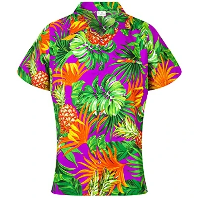 Image of King Kameha Funky Hawaiian Blouse Shirt, Shortsleeve, Print Pineapple Leaves, Purple, XXL
