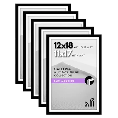 Image of Americanflat 12x18 Poster Frame Set of 5 Polished Plexiglass Use as 11x17 With Mat or Without Galleria Collection Gallery Wall Display Black