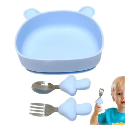 Image of tongfeng Toddler Silicone Bowl Set Spoon Fork Feeding Set,Toddler Suction Food Bowl, Led Weaning Supplies for Kids, Children