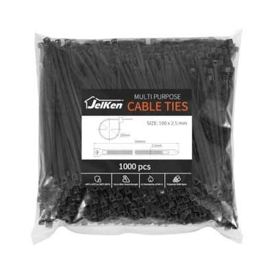 Image of JelKen 1000 Pack Black Cable Ties, 100mm x 2.5mm, 4&quot; Nylon Tie Wraps, Self Locking Small Zip Ties for Home Office and Garden