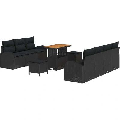 Image of vidaXL 10 Piece Garden Sofa Set with Cushions Black Poly Rattan Acacia