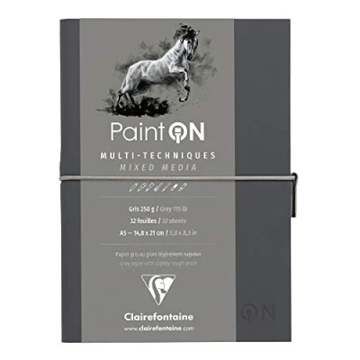 Image of Clairefontaine Ref 975184C Paint&#039;On Multi Technique Grey Sewn Art Book (32 Sheets) A5 Size, 250gsm Paper, Acid Free Suitable for Multiple Techniques