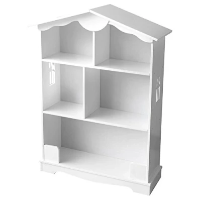Image of leomark wooden bookcase for toys &amp; books, white bookshelf kids 76 x 30 101 cm, shelf holder storage, house shaped organizer display units bedroom or playroom