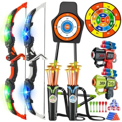 Image of VATOS 2 Pack Bow and Arrow Toy for 5 6 7 8 9 10 11 Year Old Boys Girls, Light Up Archery With Cup Suction Standing Target &amp; 29 IN Dart Board, Indoor Outdoor Activity Toys Birthday