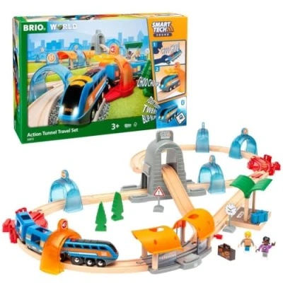 Image of BRIO World Smart Tech Sound Action Tunnel Travel Battery Powered Train Set for Children Age 3 Years Up Kids Gifts