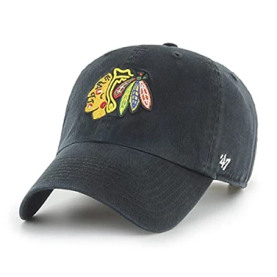 Image of 47 NHL Chicago Blackhawks Clean Up Unisex Baseball Cap, Adjustable Strap &amp; Buckle, Yellow Logo, Colour Black