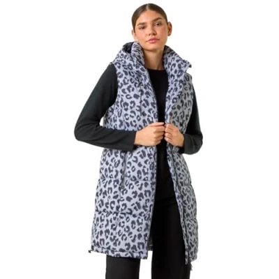 Image of Roman Originals Quilted Gilet with Hood for Women UK Ladies Sleeveless Coat Hooded Jacket Padded Bodywarmer Winter Lightweight Warm Autumn Funnel Neck Longline Soft Bubbly Grey Size 12