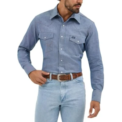 Image of Wrangler Men&#039;s Cowboy Cut Western Long Sleeve Snap Work Shirt Firm Finish, Medium Blue Chambray, Large Tall