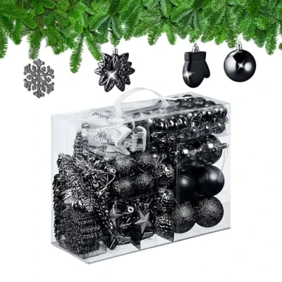 Image of Relaxdays 100x Christmas Ornaments, Baubles, Glittering, Matte &amp; Shiny, Tree Decorations, Plastic, 10 Designs, Black, 24 x 30 12 cm