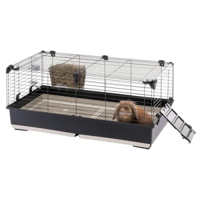 Image of Ferplast Rabbit Cage TOMMY 100, Guinea Pig Cage, Rabbits, Small Animals, Hutch Indoor with Grid and Drinker, 99,5 x 53 h 48 cm, Opening Roof, in Painted Metal Plastic