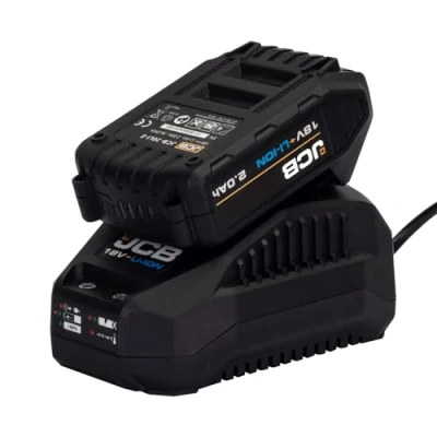 Image of JCB 18V 2.0Ah Rechargeable Lithium ION Battery &amp; 2.4A Fast Charger, Compatible with Cordless Brushless Power Tools, 3 Year Warranty