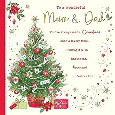 Image of Piccadilly Greetings Traditional Christmas Card Mum &amp; Dad, greenbeigeyellowred, 223 mm sq