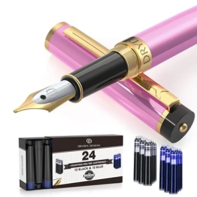 Image of Dryden Designs Fountain Pen Medium Nib Includes 24 Ink Cartridges and Refill Converter Calligraphy Pen, Consistent Writing, Smooth Flow Luscious Pink