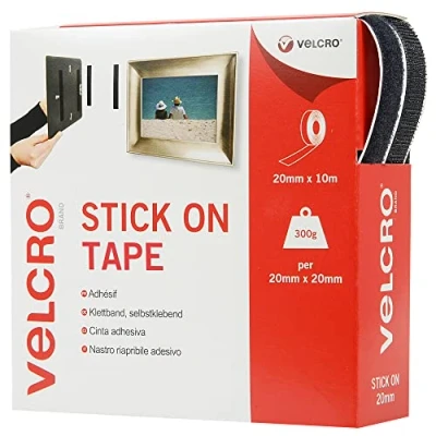 Image of VELCRO Brand, Stick On Tape Cut to Length, Strong Hook &amp; Loop Self Adhesive Sticky Tape, Perfect for Room Décor Home, Office, Garage Use, Black, 20mm x 10m