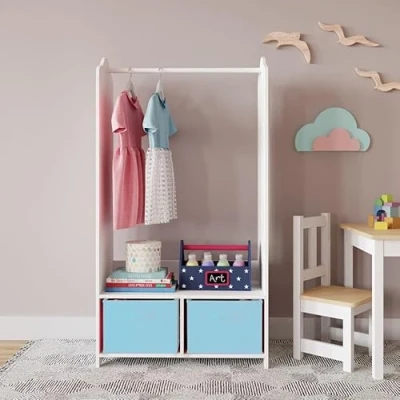 Image of URBNLIVING Kids MDF Wooden Hanging Clothes Rail Wardrobe Storage Shelves with Inserts Mirror Freestanding (Sky Blue)