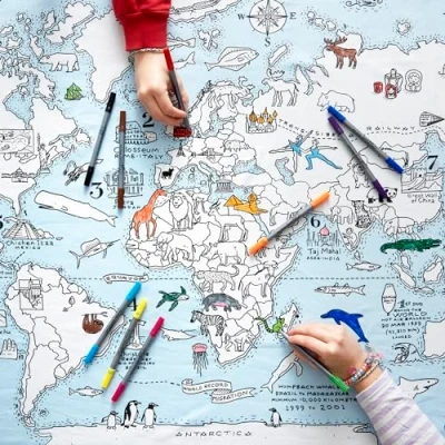 Image of eatsleepdoodle Colouring Tablecloth for Kids w/ 10pk Washable Markers 130x85cm World Map Poster Ultra &amp; Reusable Arts and Crafts