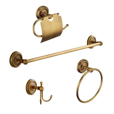 Image of Antique Brass Bathroom Accessories Set Wall Mounted Towel Rail &amp; Ring Toilet Paper Holder Robe Hook, 4 Piece Vintage Bath Hardware Fixture