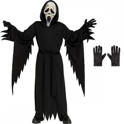 Image of A2ZFD Kids Official Scream/Ghost Face AGED Child Costume + Black Gloves : Halloween Horror Film Theme Fancy Dress (8 10 Years)