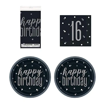Image of 16th Birthday Black and Silver Glitz Tableware Pack for 16