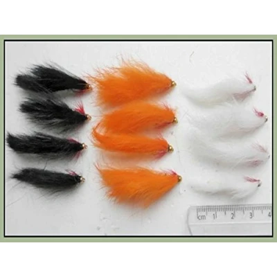 Image of Zonker Trout Flies, 12 Mini Zonkers, Black, White &amp; Orange, Size 12, Fly Fishing