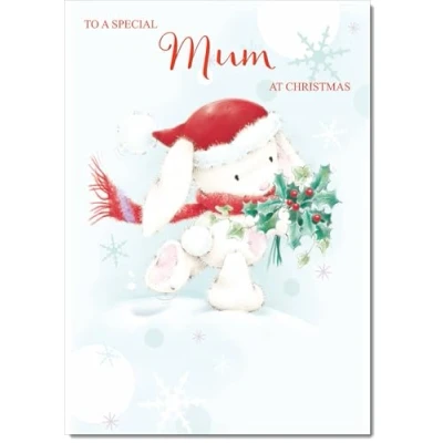 Image of doodlecards Mum Christmas Card Cute Rabbit with Holly Medium Size for Plain Envelope