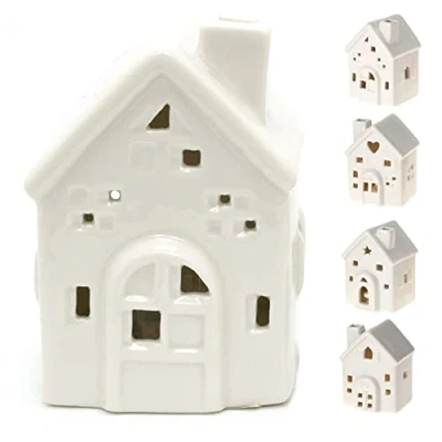 Image of Mini LED White Ceramic House Lamp Christmas Village Light Up Festive Night Decoration Design Varies One Supplied