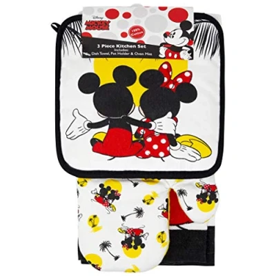 Image of Jerry Leigh Mickey and Minnie Mouse Kitchen Towel Potholder Oven Mitt 3 Piece Set