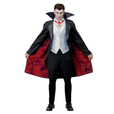 Image of Smiffys Universal Monsters Dracula Costume, Childrens Jacket, Mock Waistcoat, Cape &amp; Medallion, Official License Outfit with Fully Lined Pendant Detail, Perfect for Halloween Themed Parties