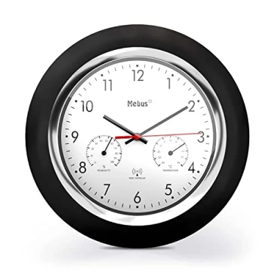 Image of Mebus Radio Controlled Wall Clock with Thermometer and Hygrometer/Black Frame/White Dial / 24 cm Diameter/Round/Model: 19453 Colour: Black/White