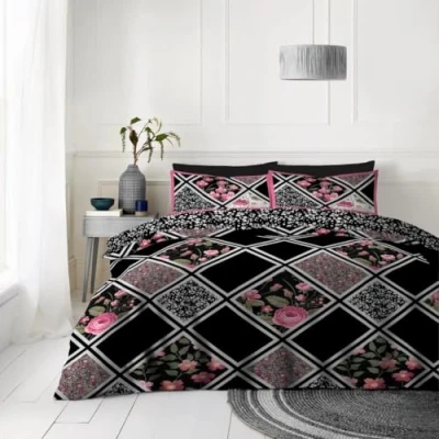 Image of Reversible Floral Bedding Set 4 Piece Geometric Duvet Cover Double With Fitted Sheet and Pillowcases Breathable Quilt Soft Bed Linen