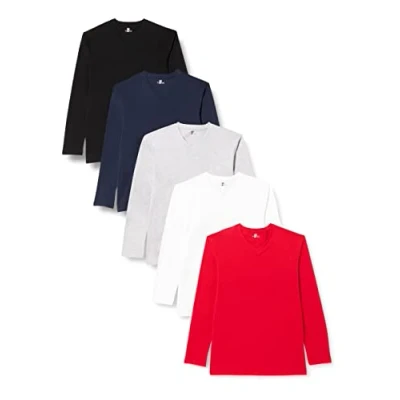 Image of Lower East Men&#039;s Multipack of 5: Long sleeved V Neck Shirt, Black/White/Grey Blend/Dark Blue/Red (Pack 5), 2XL