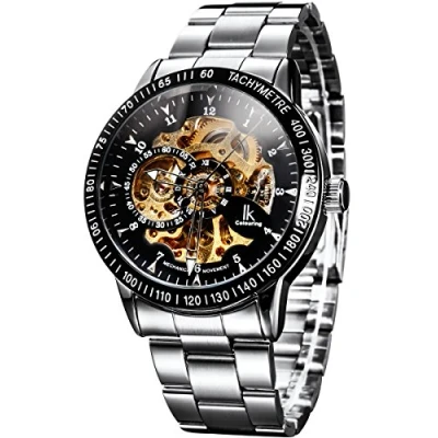 Image of Alienwork IK Automatic Watch Men Women Silver Stainless Steel Metal Strap Black Skeleton Glass Bottom