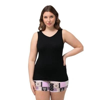 Image of Ulla Popken Women&#039;s Vest, V Neck, Cotton Modal 830345 T Shirt, Black, 20 UK/22 UK