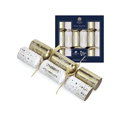 Image of Tom Smith Pack 6 Premium White &amp; Gold Snowflake Charity Christmas Crackers Eco 34cm