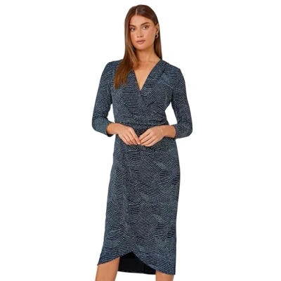 Image of Roman Womens Glitter Print Wrap Midi Stretch Dress Blue Size 20 UK