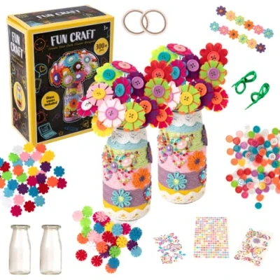 Image of HTI Fun Craft Flower Kit for Kids Over 300+ Pieces Make Your Own Bouquet with Buttons and Felt Flowers DIY Glass Vase Art Set Arts Crafts Ages 3+