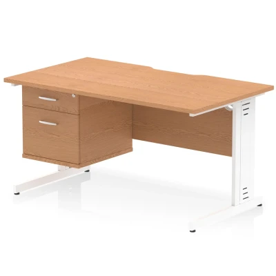 Image of Impulse 1400 x 800mm Scalloped Edge Straight Office Desk Oak Top White Cable Managed Leg Workstation 1 2 Drawer Fixed Pedestal